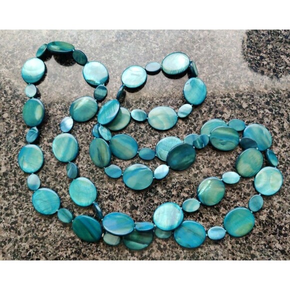 Huge Strand Gorgeous Sea Blue Flat MOP Discs 60” Necklace 925 Silver Bead